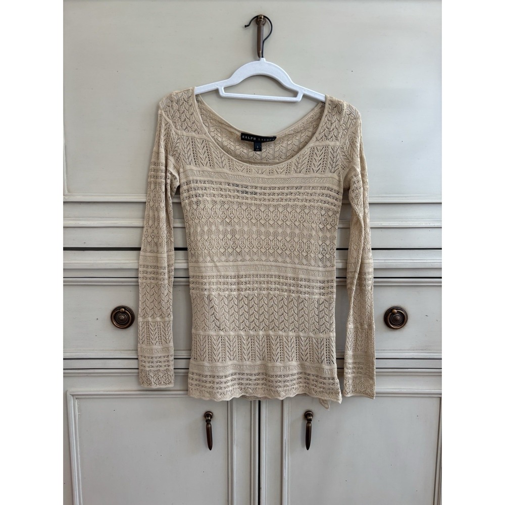 RALPH LAUREN BLACK LABEL Beige Lace-Knit Viscose Top‎ & Silk Camisole Set Sz S
